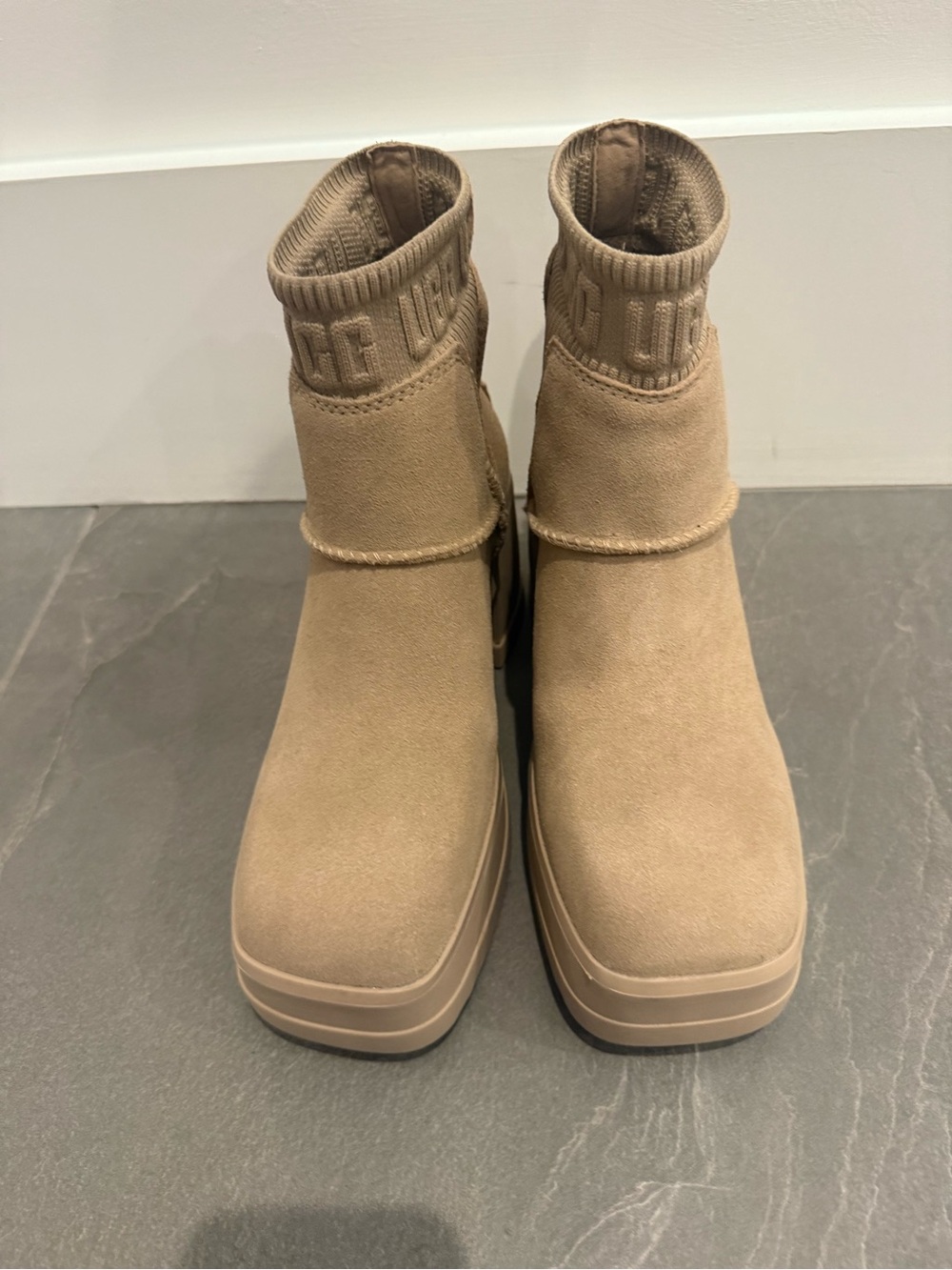 UGG Tan Sock-Style Platform Ankle Boots